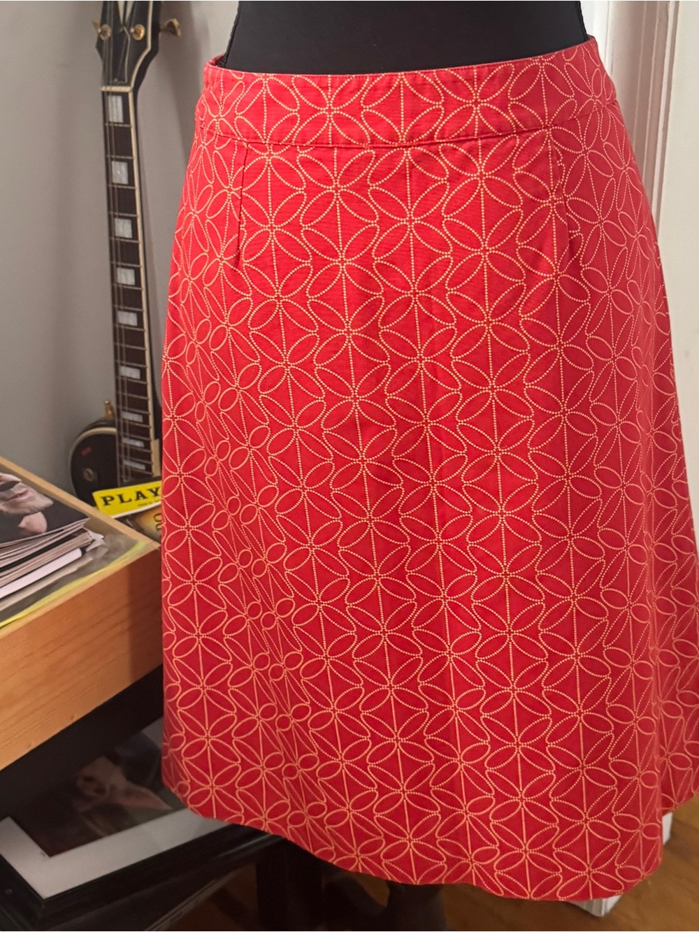 Boden Red Skirt with Gold Geometric Print